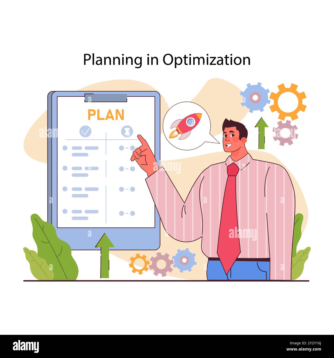 Ottimizzazione dei processi aziendali. Dipendente produttivo con metodo di lavoro efficiente e capacità di pianificazione. Ottimizzazione, sviluppo e crescita del flusso aziendale. Illustrazione vettoriale piatta Illustrazione Vettoriale