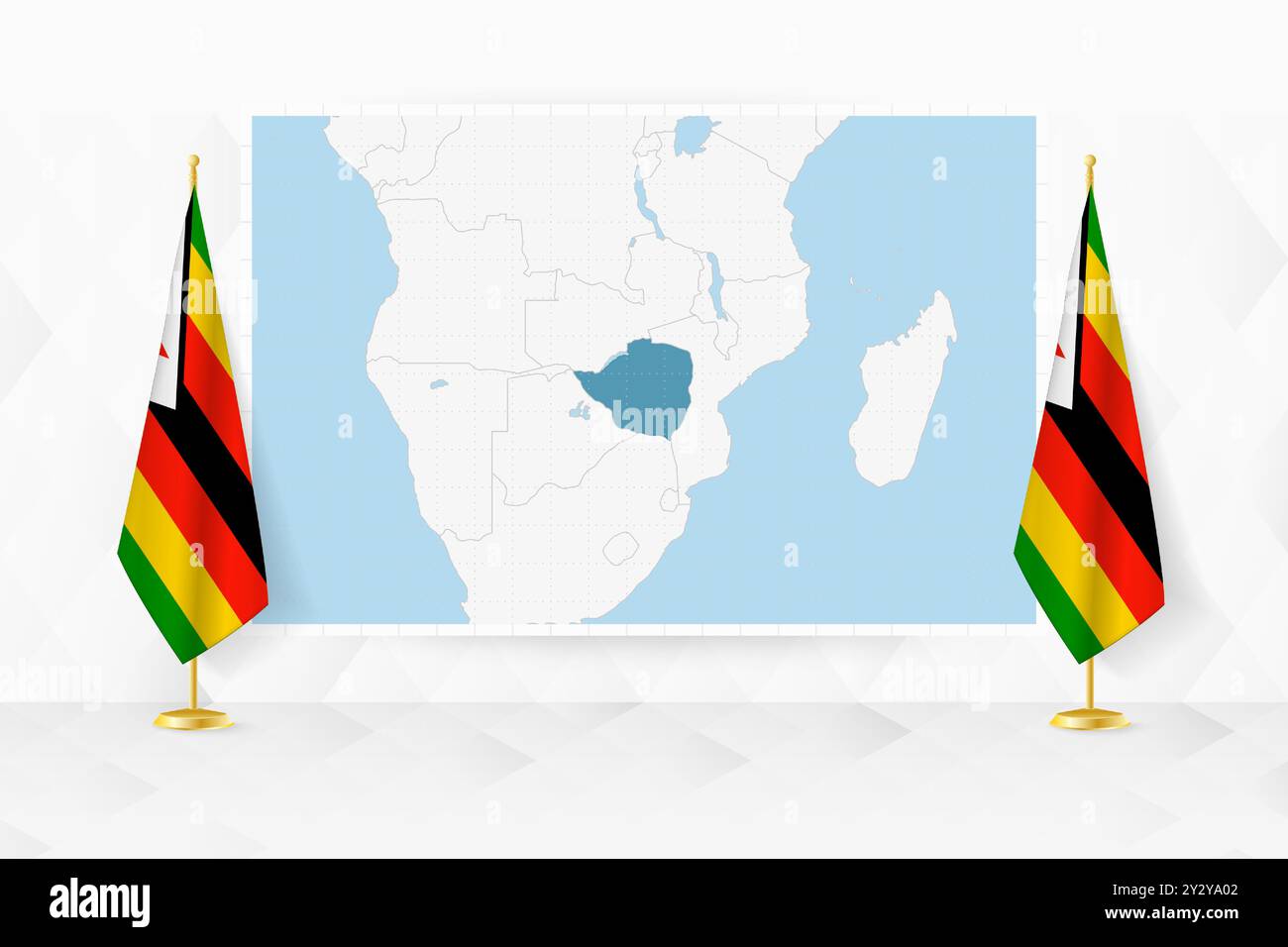 Mappa dello Zimbabwe e delle bandiere dello Zimbabwe sul banco di bandiera. Illustrazione vettoriale per la riunione diplomatica. Illustrazione Vettoriale