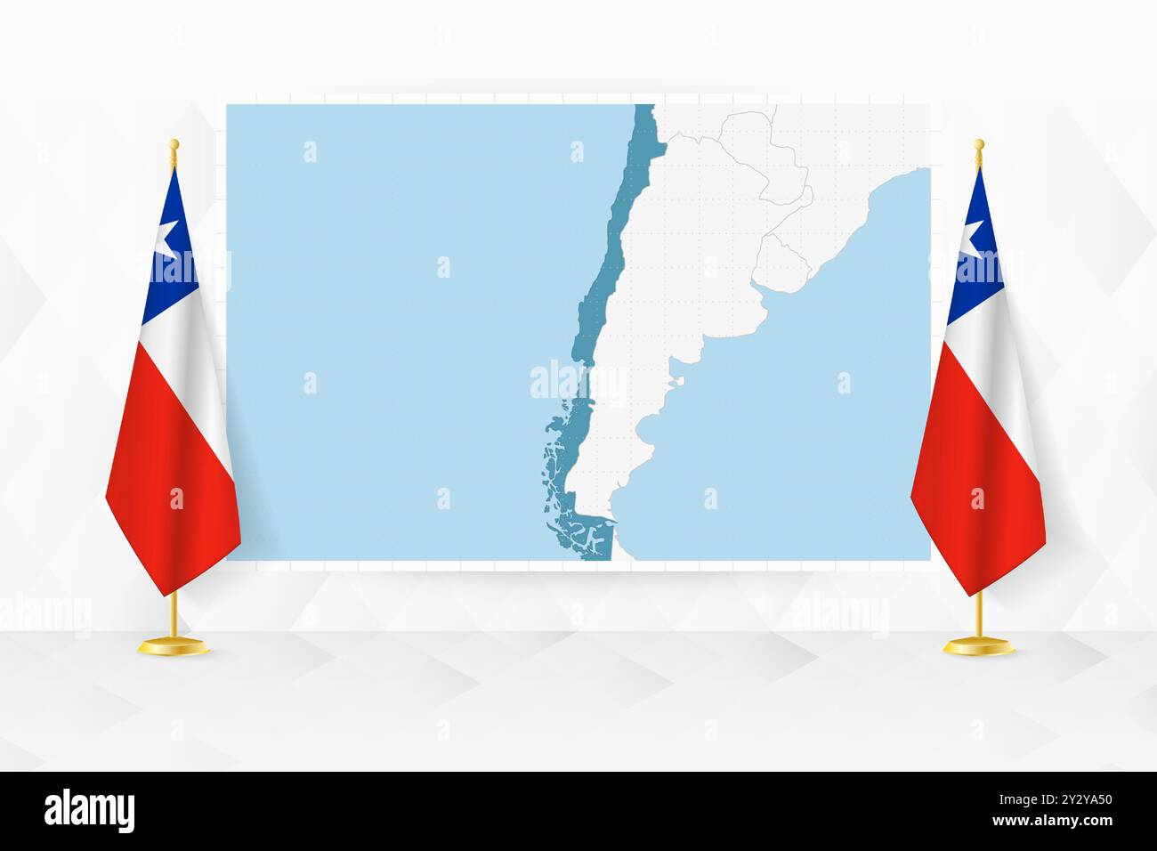 Mappa del Cile e bandiere del Cile sullo stand. Illustrazione vettoriale per la riunione diplomatica. Illustrazione Vettoriale