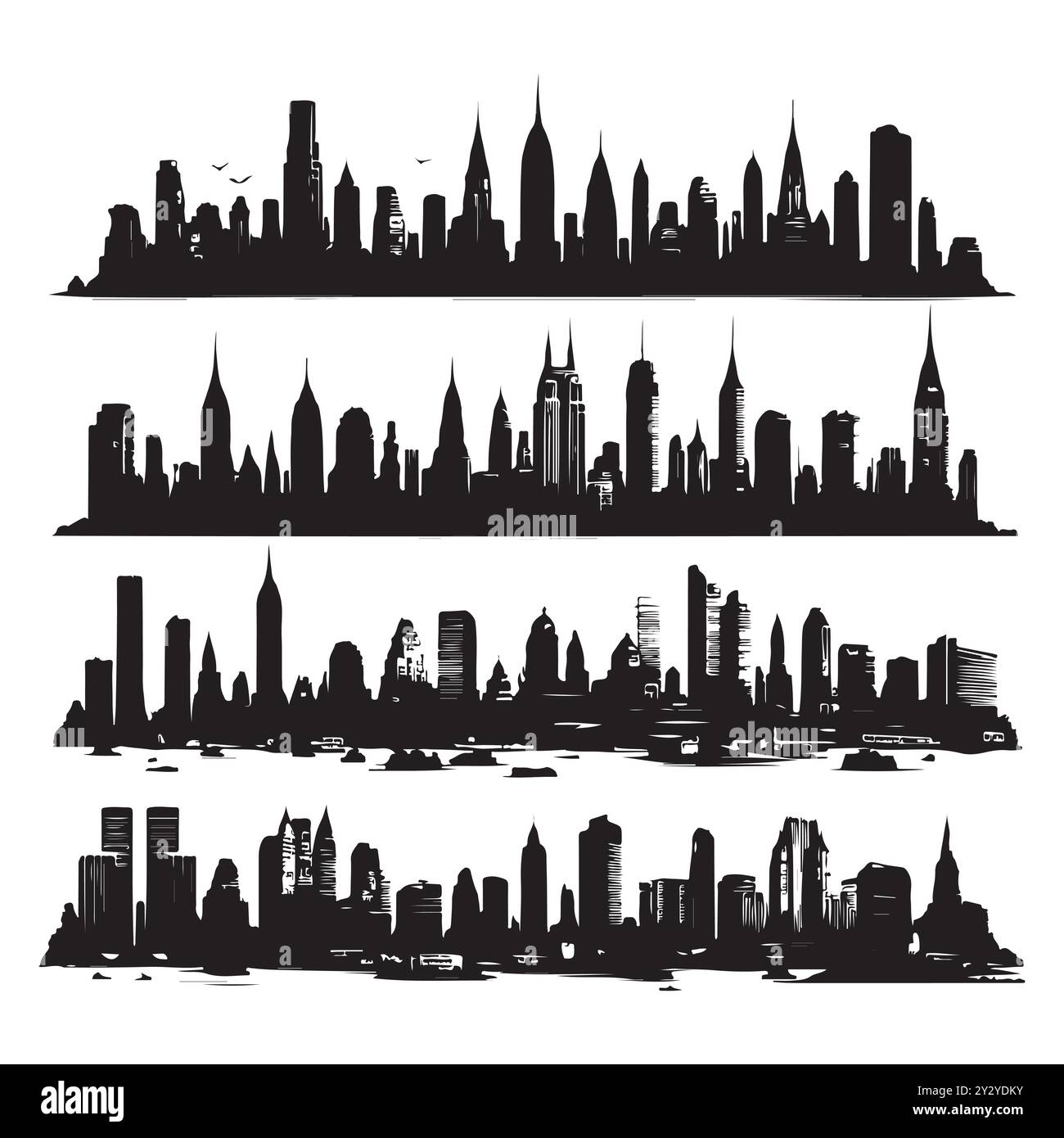 Serie di sagome dello skyline isolate su sfondo bianco, illustrazione vettoriale. Illustrazione Vettoriale