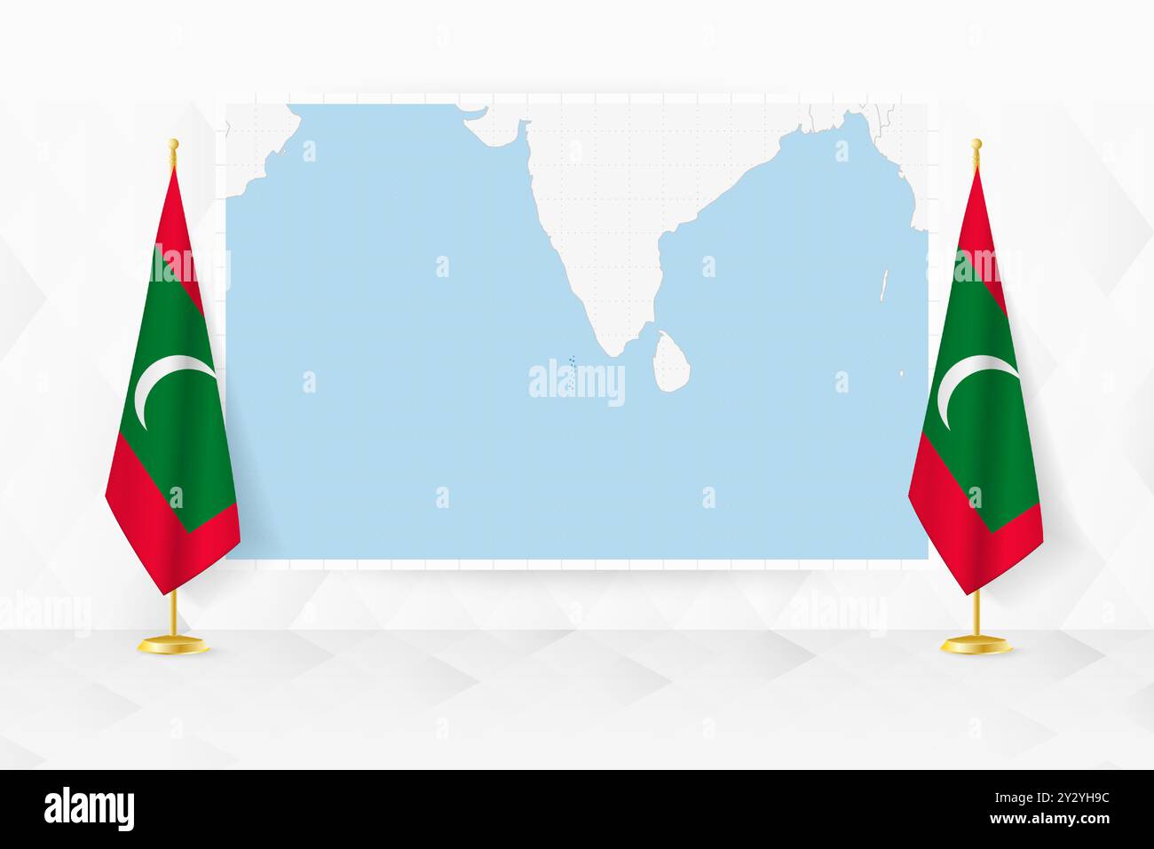 Mappa delle Maldive e delle bandiere delle Maldive sul banco bandiera. Illustrazione vettoriale per la riunione diplomatica. Illustrazione Vettoriale