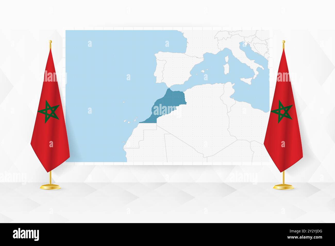 Mappa del Marocco e delle bandiere marocchine sullo stand della bandiera. Illustrazione vettoriale per la riunione diplomatica. Illustrazione Vettoriale