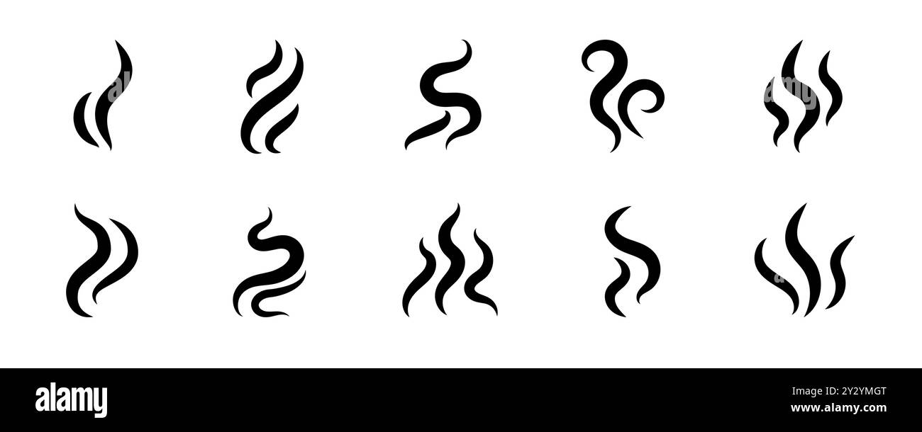 Set di logo del vettore dell'icona del vapore di fumo. Illustrazione dell'icona dell'odore di fumo, dell'aroma di vapore e del calore. Logo della linea di scarabocchi fuoco vapore caldo. Colpire puzza, caffè, fragranza elementi fiamma. Illustrazione vettoriale. Illustrazione Vettoriale