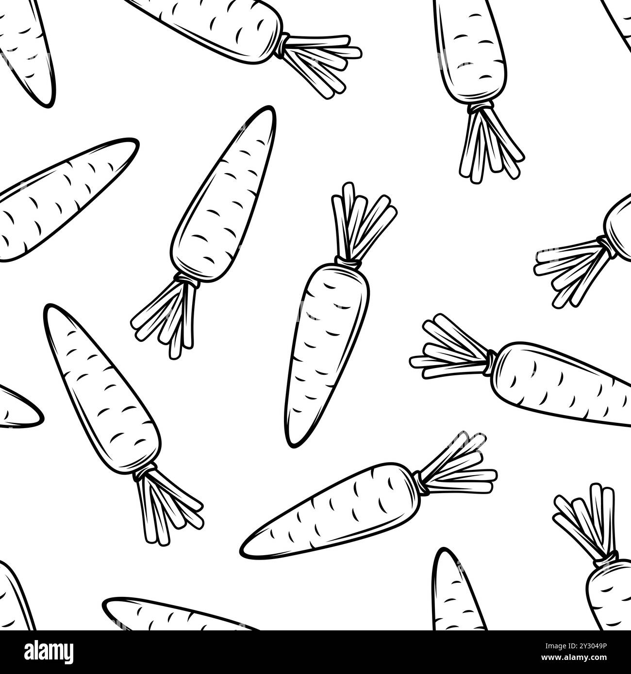 Caramelle piatte Vector Seamless Cartoon con contorno bianco e nero su sfondo bianco. Stampa carota fresca per un'alimentazione sana, cibo biologico Illustrazione Vettoriale
