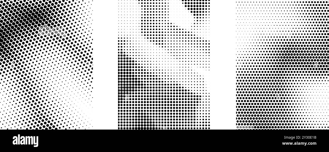 Raccolta sfumature mezzitoni grunge in bianco e nero. Set di texture per il rumore della sabbia. Zaino retrospettivo con pixel punteggiati. Sovrapposizione a pois fumetti con effetto raster per banner, poster e volantini. Vettore Illustrazione Vettoriale