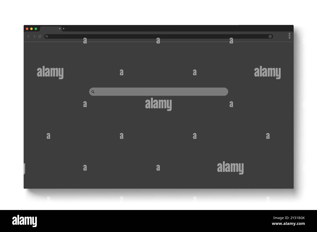 Mockup della finestra del browser Web con url e barra di ricerca, pulsanti e segni. Modello di pagina del computer in modalità scura grigia o del notebook. Vuoto vettoriale semplice layout di progettazione dell'interfaccia del sito Web con la barra degli strumenti www. Illustrazione Vettoriale