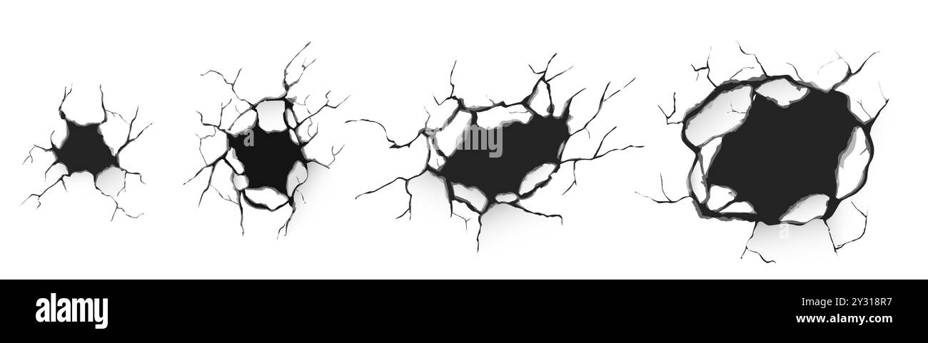 Pareti o terra di cemento rotte. Serie vettoriale 3d realistica di crepe e fori di varie dimensioni nella superficie della pietra di rottura. Vecchio o danneggiato da terremoto. Effetto di distruzione con fessure e fratture. Illustrazione Vettoriale