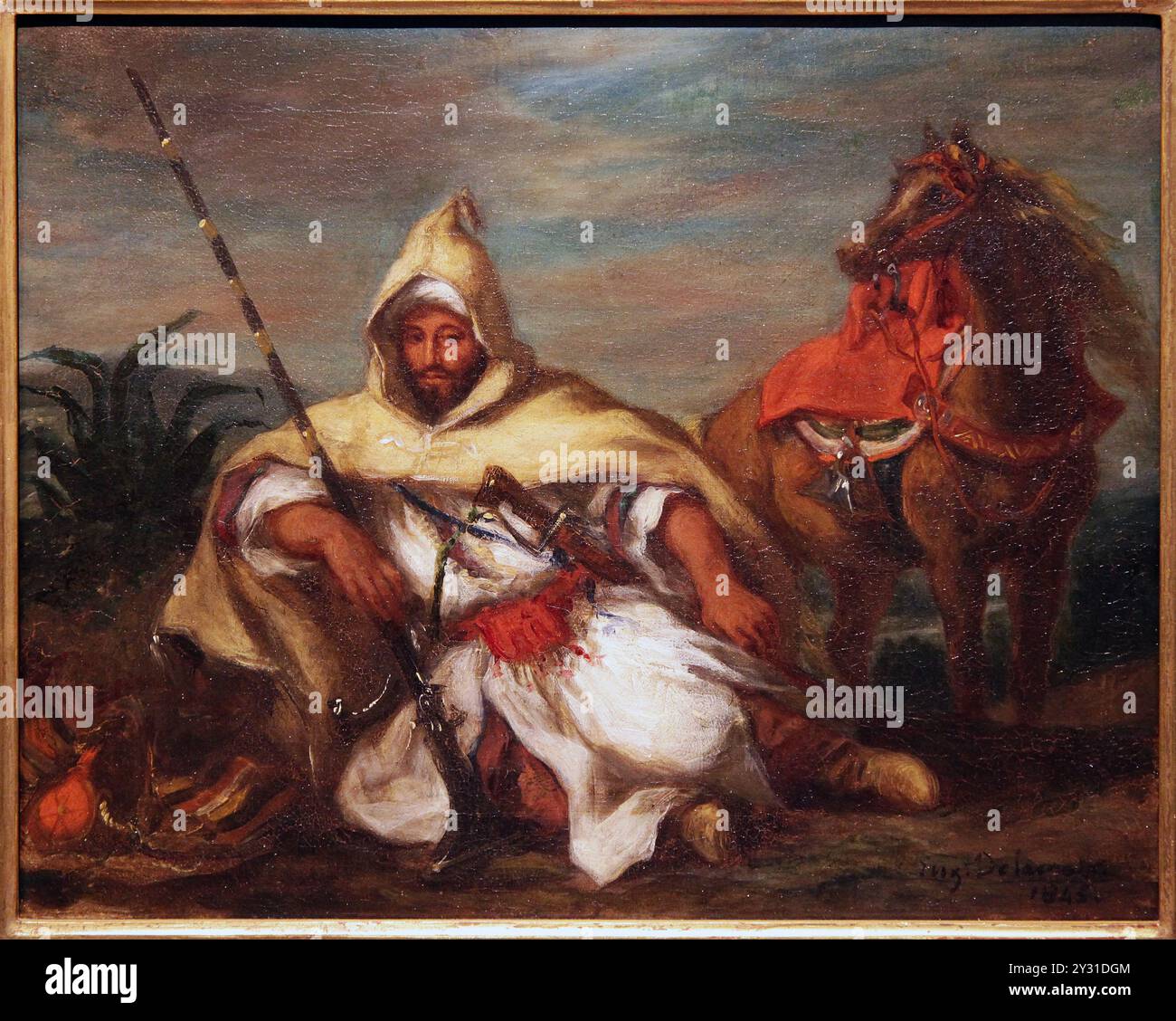 Cavaliere della Guardia marocchina del Sultano di Eugène Delacroix ( 1798-1863). Raffigura una guardia seduta appoggiata con il suo fucile e il suo cavallo. Foto Stock