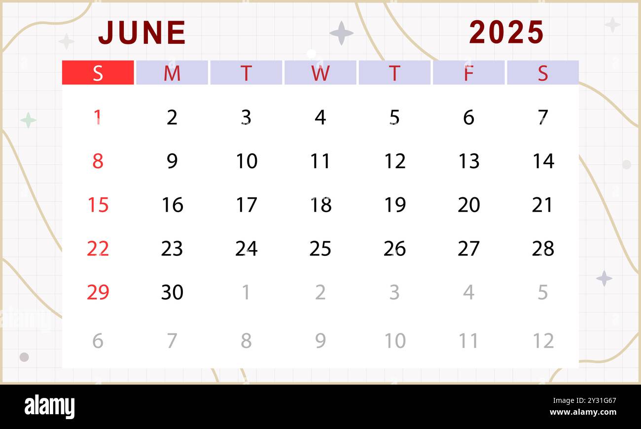 Calendario mensile di giugno 2025. Carino modello di calendario. Inizio domenica. Progettazione vettoriale Illustrazione Vettoriale