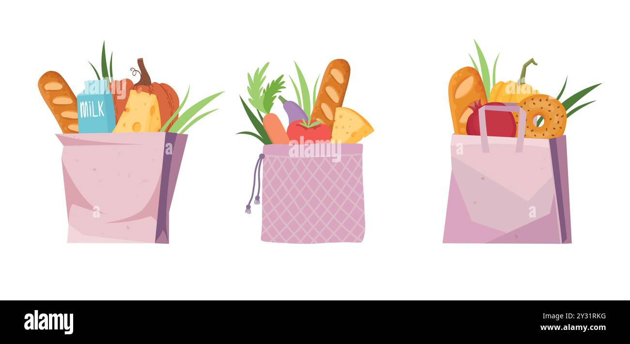 Sacchetti riutilizzabili per la spesa. Borse per la spesa Cartoon eco, sacchetti per rifiuti zero con set di illustrazioni vettoriali piatti di frutta e verdura. Niente rifiuti tessili shopping b Illustrazione Vettoriale
