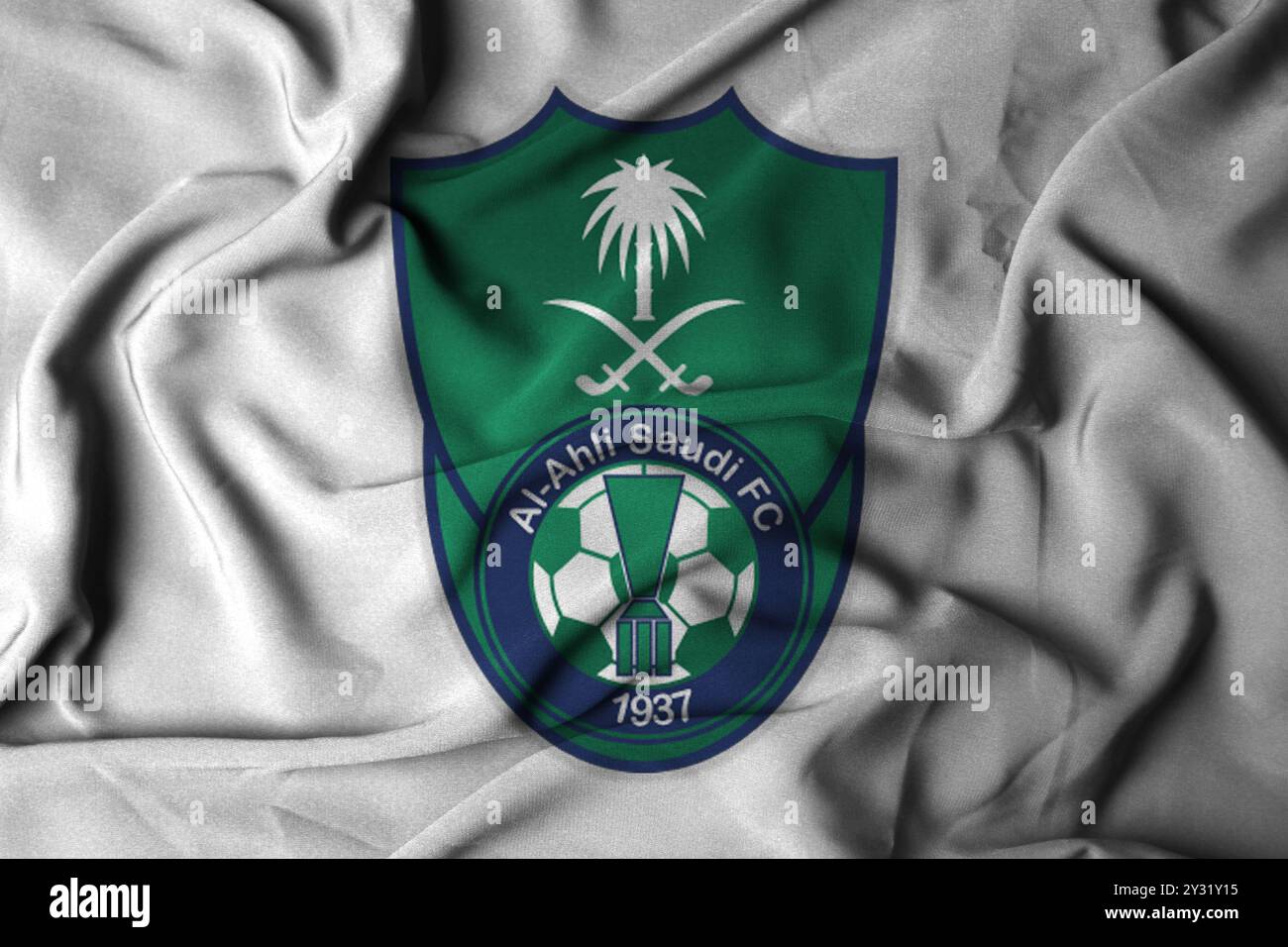 Pringsewu, Lampung; 12 settembre 2024; texture logo bandiera focus selettivo AL AHLI SAUDI FC, squadra di calcio del campionato saudita. illustrati 3d. Foto Stock