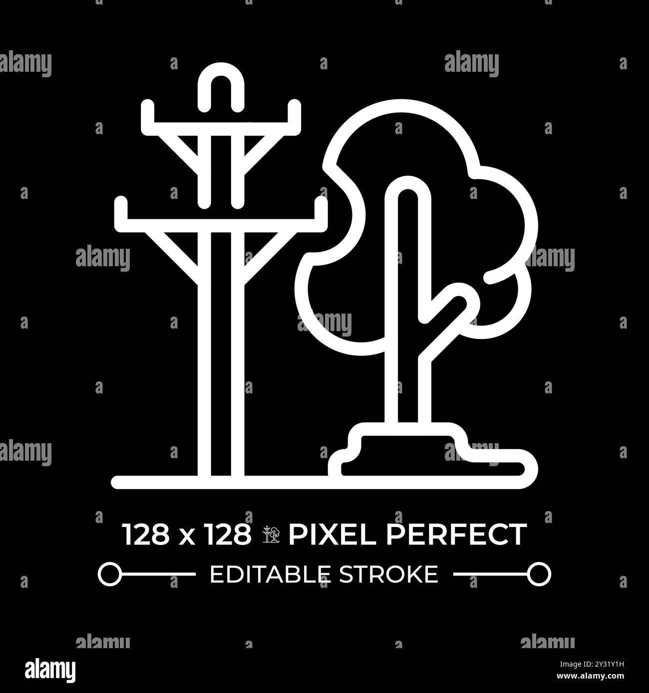 Icona lineare bianca di linee elettriche e alberi per il tema scuro Illustrazione Vettoriale