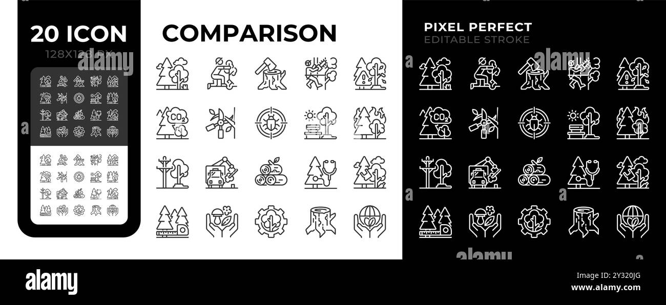 Le icone lineari dei servizi albero sono impostate per la modalità buia e chiara Illustrazione Vettoriale