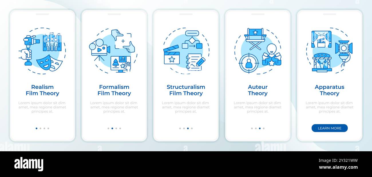 Schermata blu dell'app mobile di onboarding per la narrazione del film Illustrazione Vettoriale