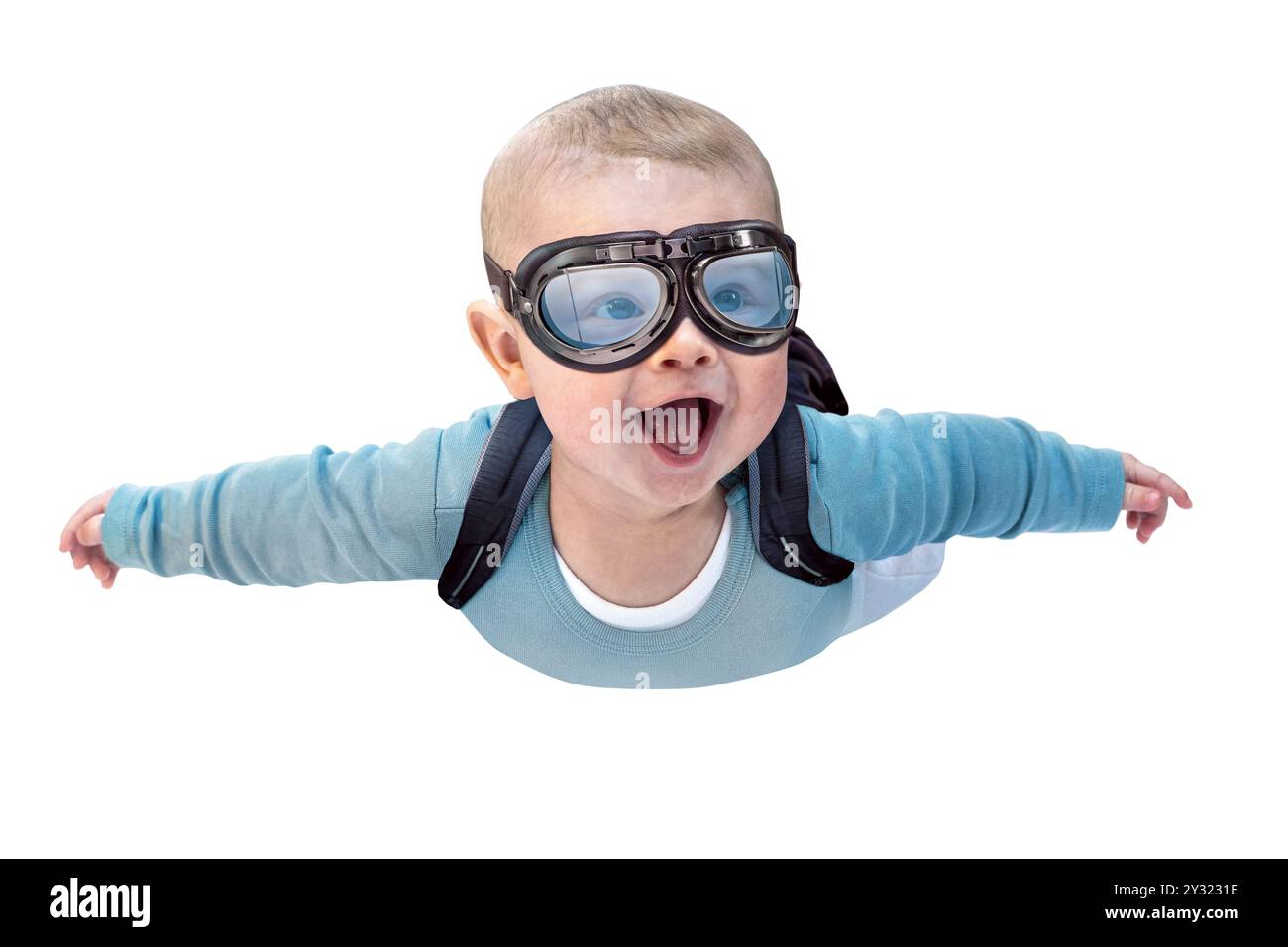 Bambino che indossa Google fingendo di volare come uno Skydiver Foto Stock