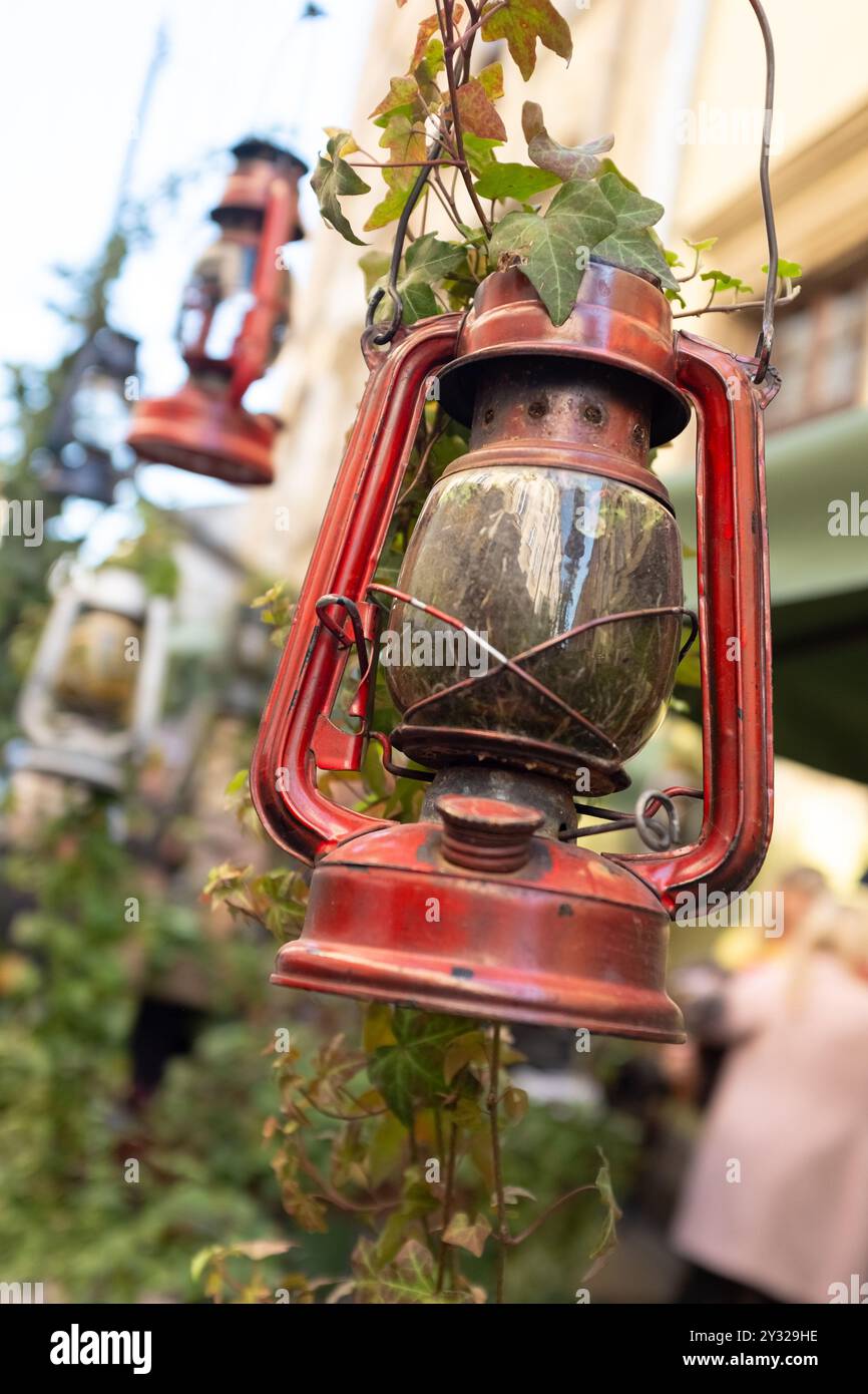 Lanterna rossa vintage con edera verde che ne deriva, che unisce la natura a un ambiente urbano storico con una messa a fuoco morbida. Concetto di riutilizzo creativo del vecchio Foto Stock