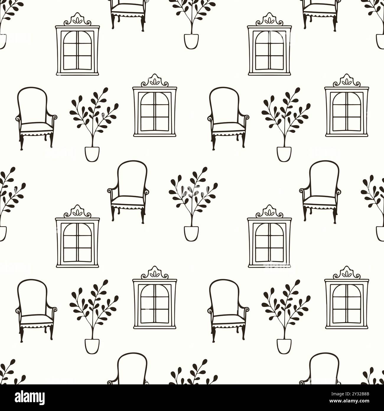 Motivo con sedia, finestre e piante in vaso, delinea i doodle disegnati a mano, perfetto per l'arredamento della casa. Illustrazione vettoriale Illustrazione Vettoriale