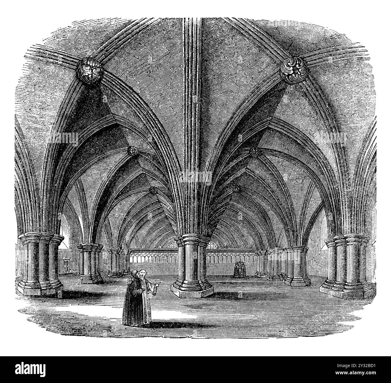 Incisione vintage del 1854 della chiesa di Santa fede sotto San Paolo nella cripta della vecchia cattedrale di San Paolo. Distrutto nel grande incendio di Londra del 1666. Foto Stock