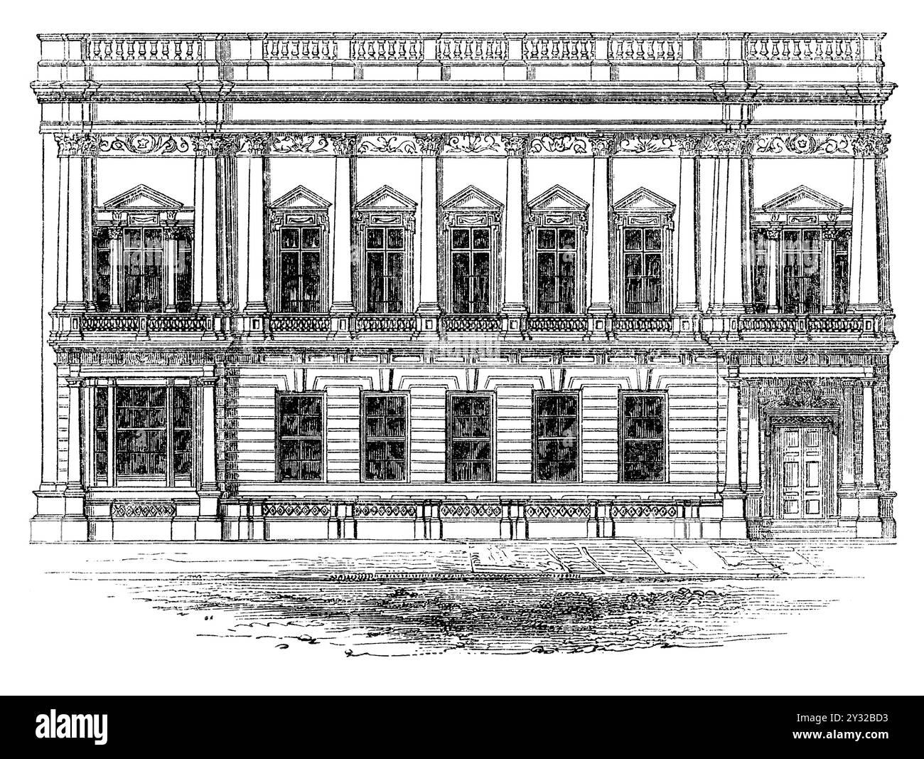 Incisione vintage del 1854 dell'ormai sciolto Conservative Club al 74 St James's Street, Londra. Progettato con una facciata palladiana di George Basevi e Sydney Smirke. Foto Stock