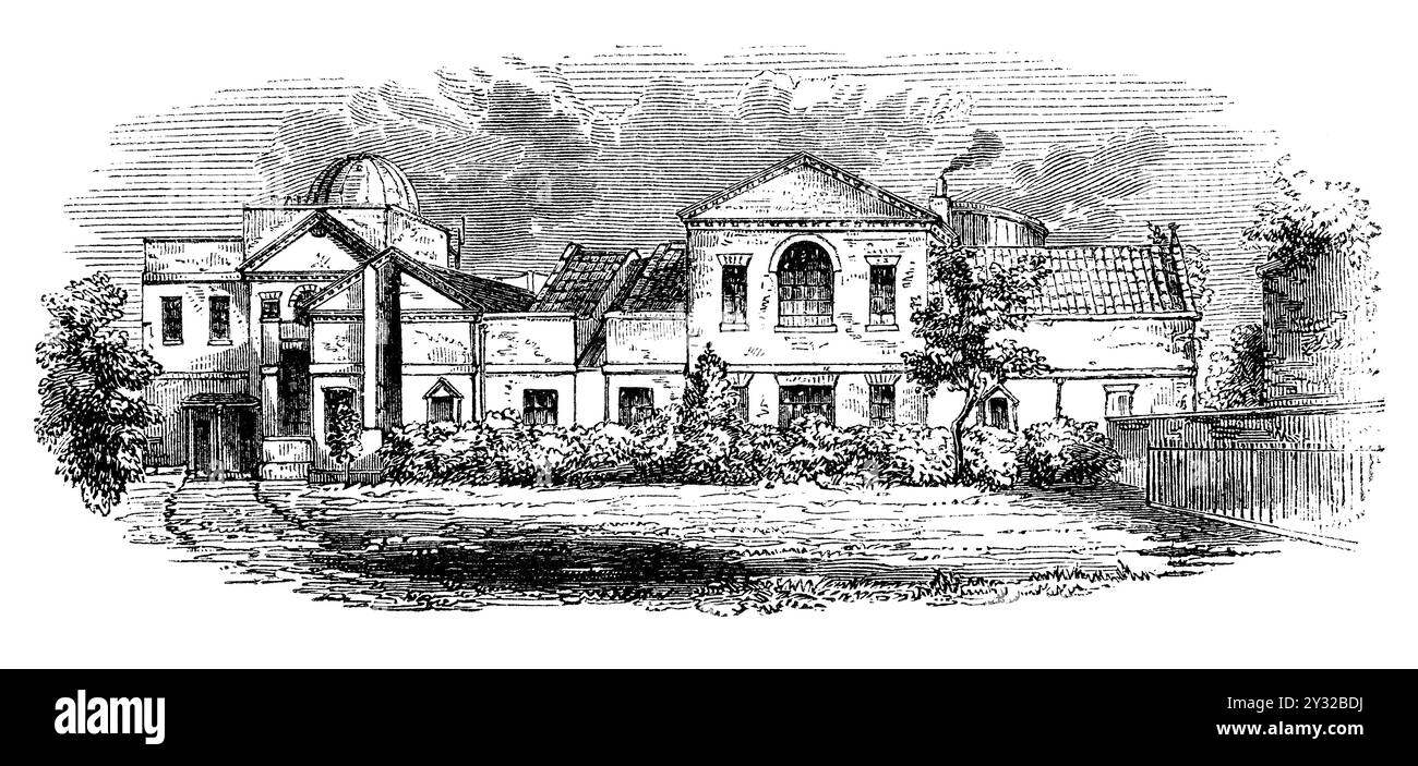 Incisione vintage 1854 del Royal Observatory di Greenwich, Londra. Foto Stock