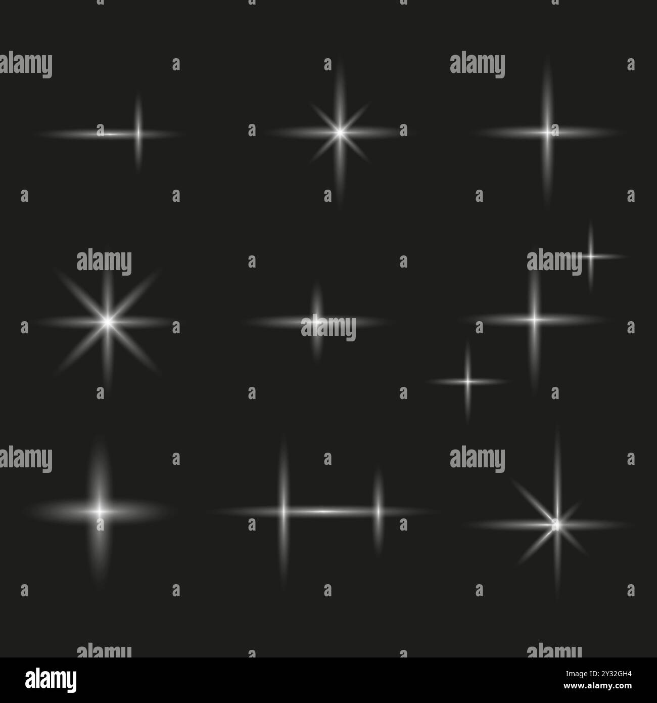 Icone luminose. Effetti di luce bianca. Elementi vettoriali brillanti. Design pulito e brillante. Illustrazione Vettoriale