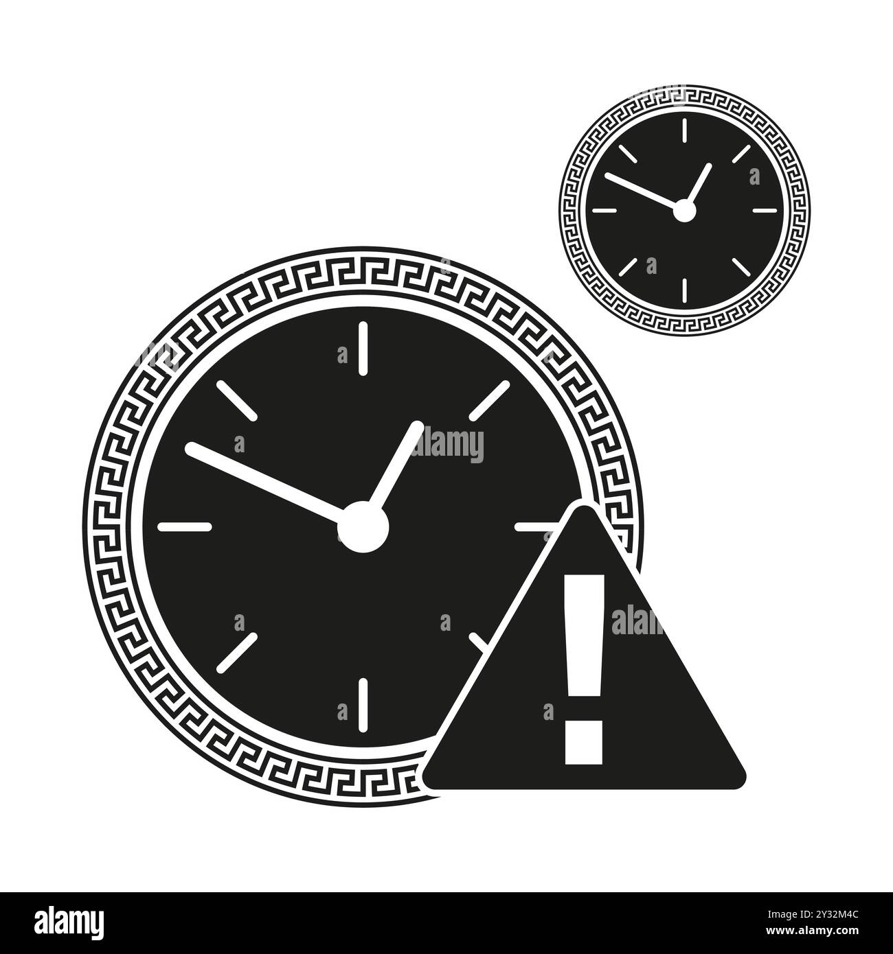 Orologio con simbolo di avviso. Design in bianco e nero. Avvertenza tempo con punto esclamativo. Forme circolari e triangolari. Illustrazione Vettoriale