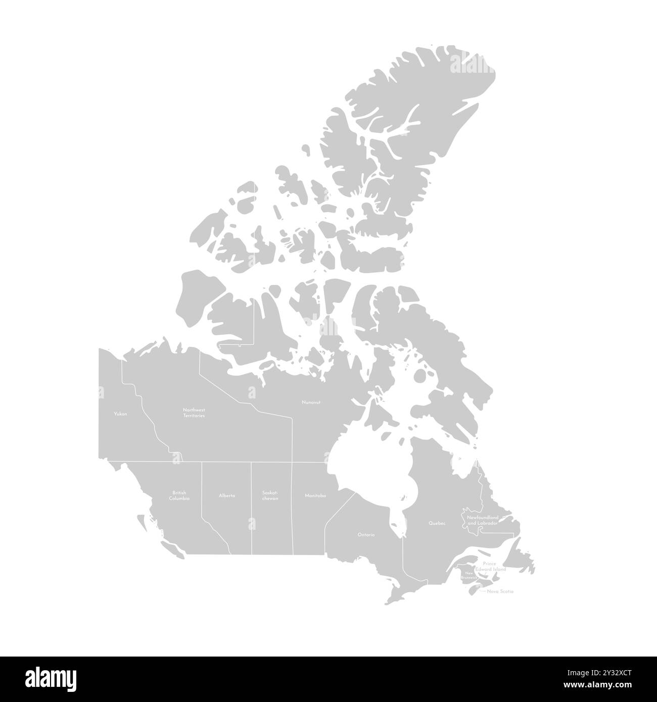Illustrazione moderna vettoriale. Mappa amministrativa isolata semplificata del Canada in colori grigi. Sfondo e contorno bianchi. Nomi delle province onta Illustrazione Vettoriale
