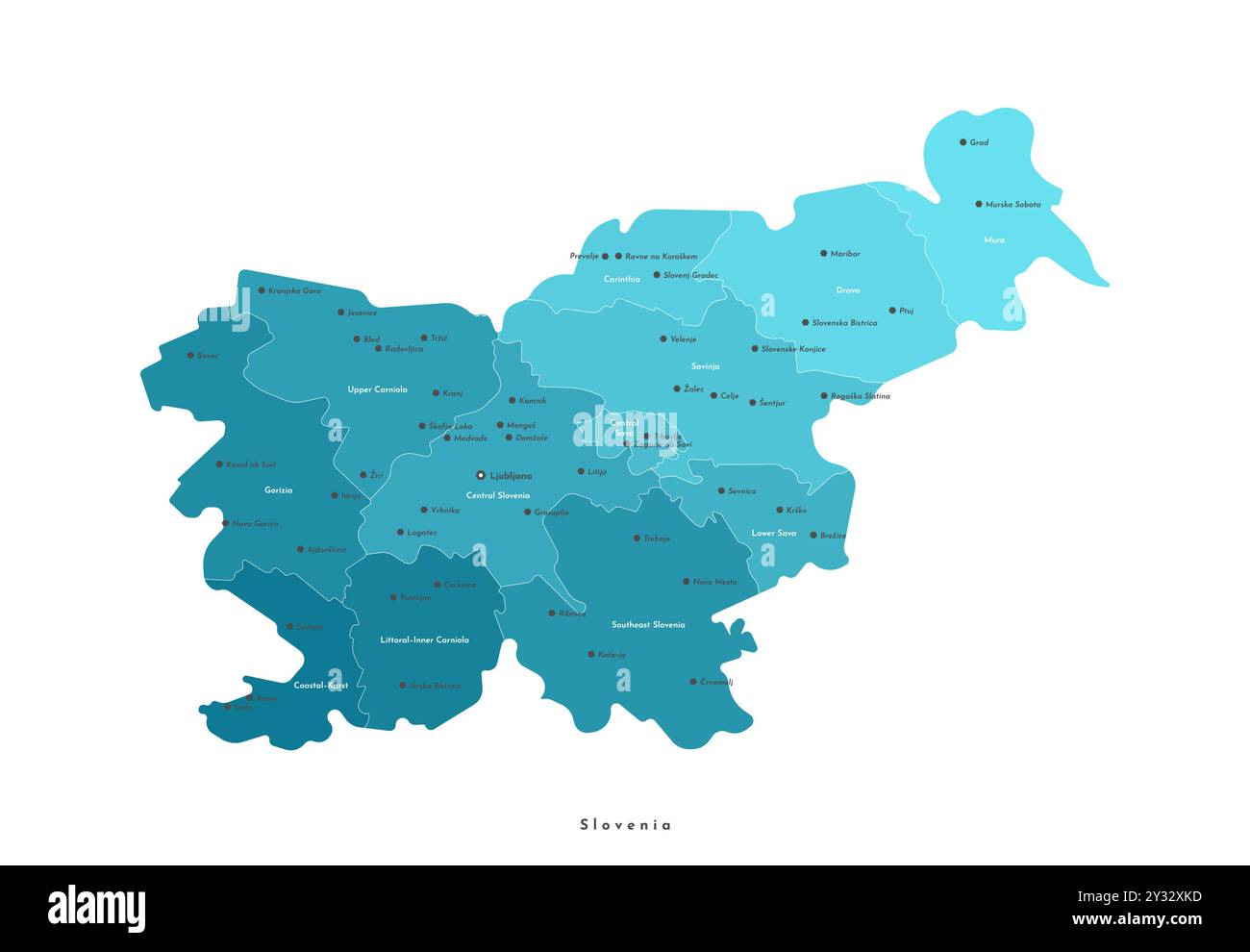 Illustrazione isolata vettoriale. Mappa amministrativa semplificata della Slovenia. Forme blu delle regioni. Nomi delle città Illustrazione Vettoriale