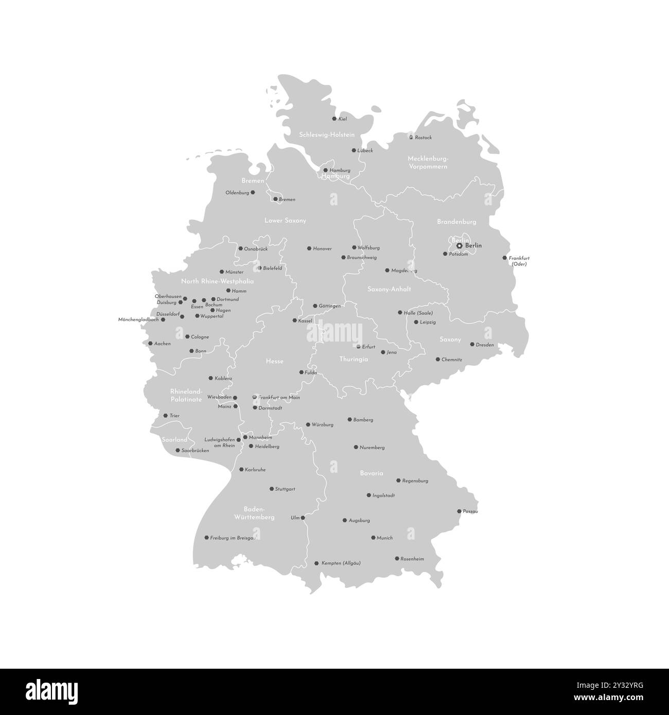 Illustrazione isolata vettoriale. Mappa amministrativa semplificata della Germania. Forme grigie delle regioni. Nomi di città e province deutsch. Backgroun bianco Illustrazione Vettoriale