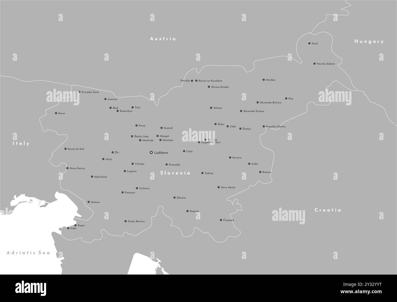 Illustrazione moderna vettoriale. Mappa amministrativa semplificata della Slovenia di colore grigio. Confine con gli stati più vicini Austria, Croazia, Italia e così via Wgite Illustrazione Vettoriale