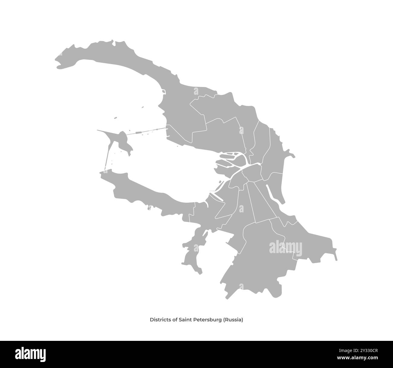 Illustrazione isolata moderna vettoriale. Mappa amministrativa semplificata di San Pietroburgo in Russia in colore grigio Illustrazione Vettoriale