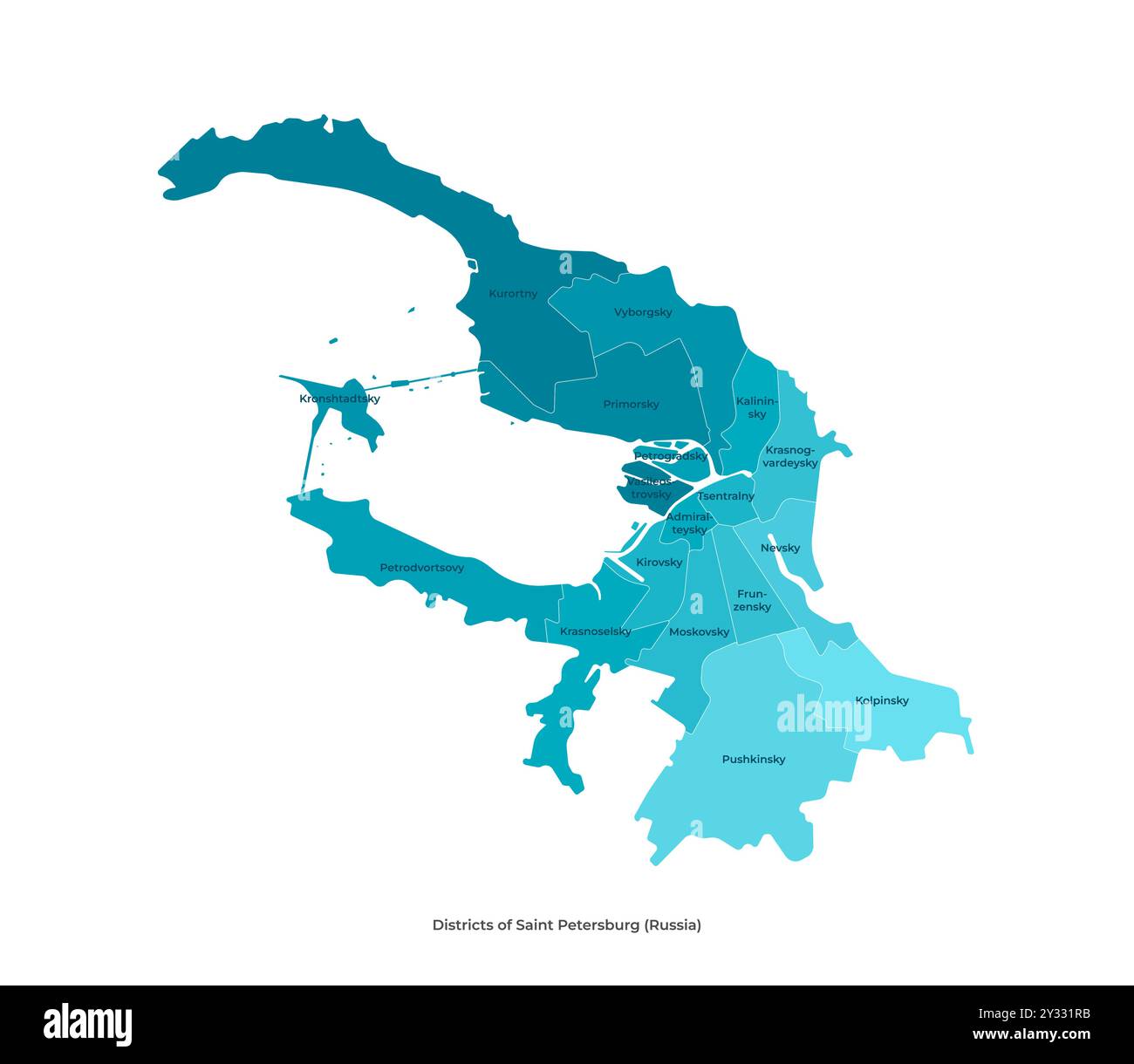 Illustrazione isolata moderna vettoriale. Mappa amministrativa semplificata di San Pietroburgo in Russia in colori blu. Nomi dei distretti in lingua inglese Illustrazione Vettoriale