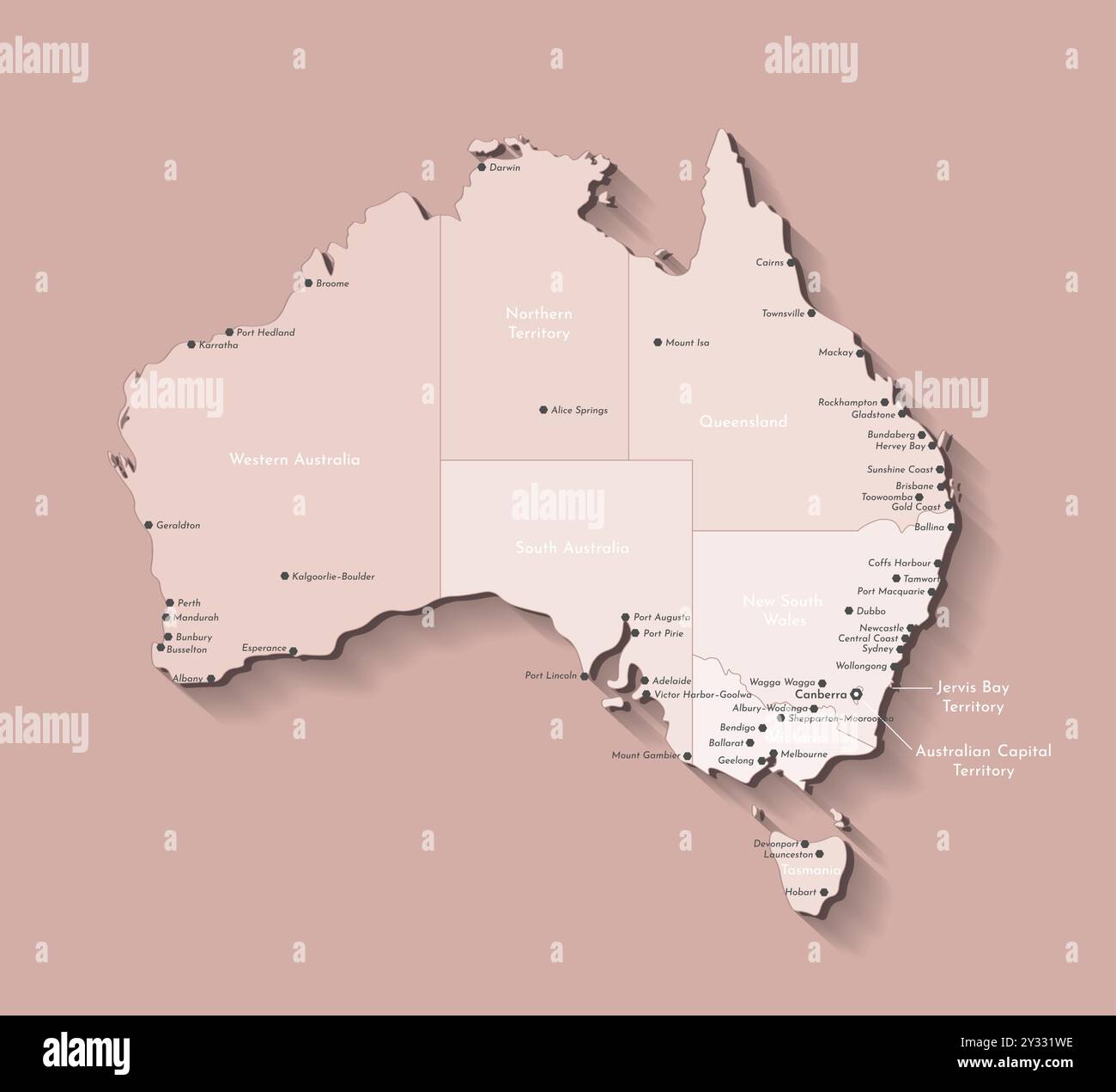 Illustrazione moderna vettoriale. Isiolato semplificato su sfondo marrone mappa amministrativa dell'Australia. Nomi delle città australiane, confini delle regioni i Illustrazione Vettoriale