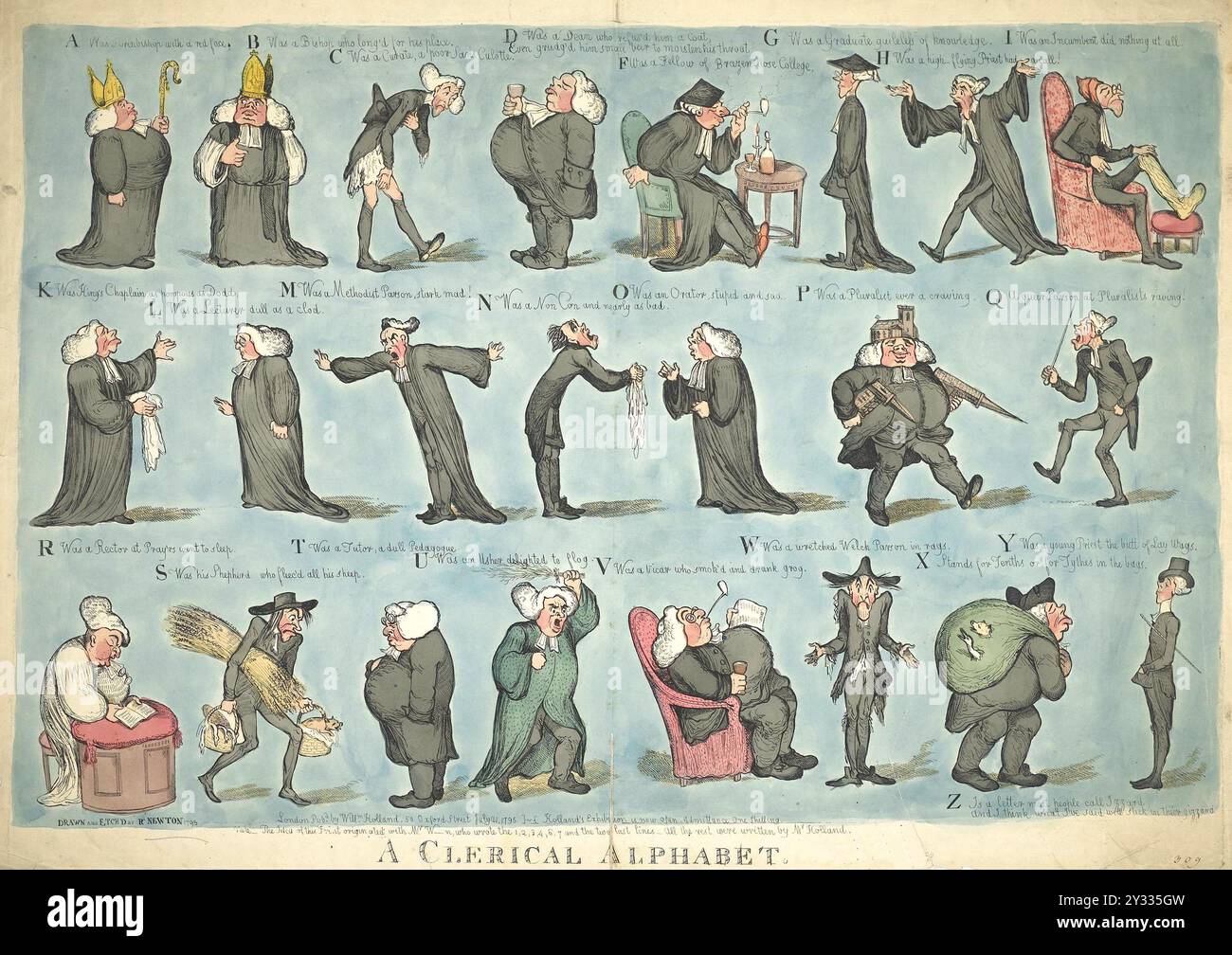 L'alfabeto clericale, ventitré ecclesiastici in vari atteggiamenti che illustrano un alfabeto satirico, 1795, storico, riproduzione restaurata digitalmente da un originale del periodo Foto Stock