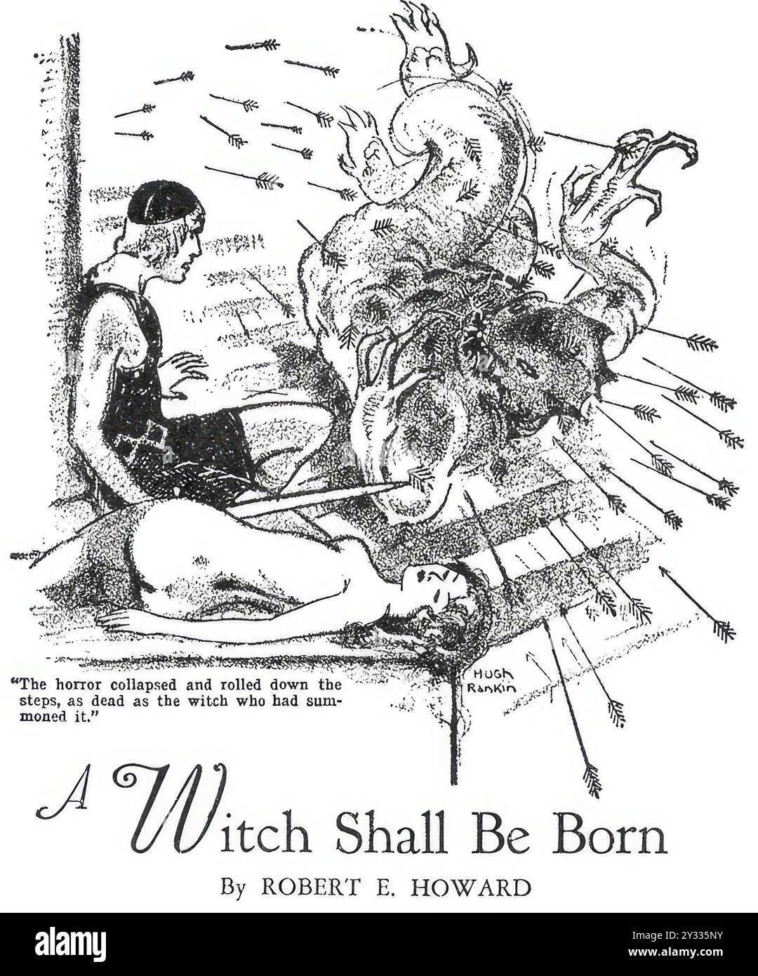 Cover of A Witch Shall Be Born, una delle novelle originali di Robert E. Howard sulla spada e la magia di Conan il Cimmerian, un personaggio immaginario. Fu scritto in pochi giorni nella primavera del 1934 e pubblicato per la prima volta su Weird Tales nel dicembre 1934, Historic, riproduzione restaurata digitalmente da un originale di quel tempo Foto Stock