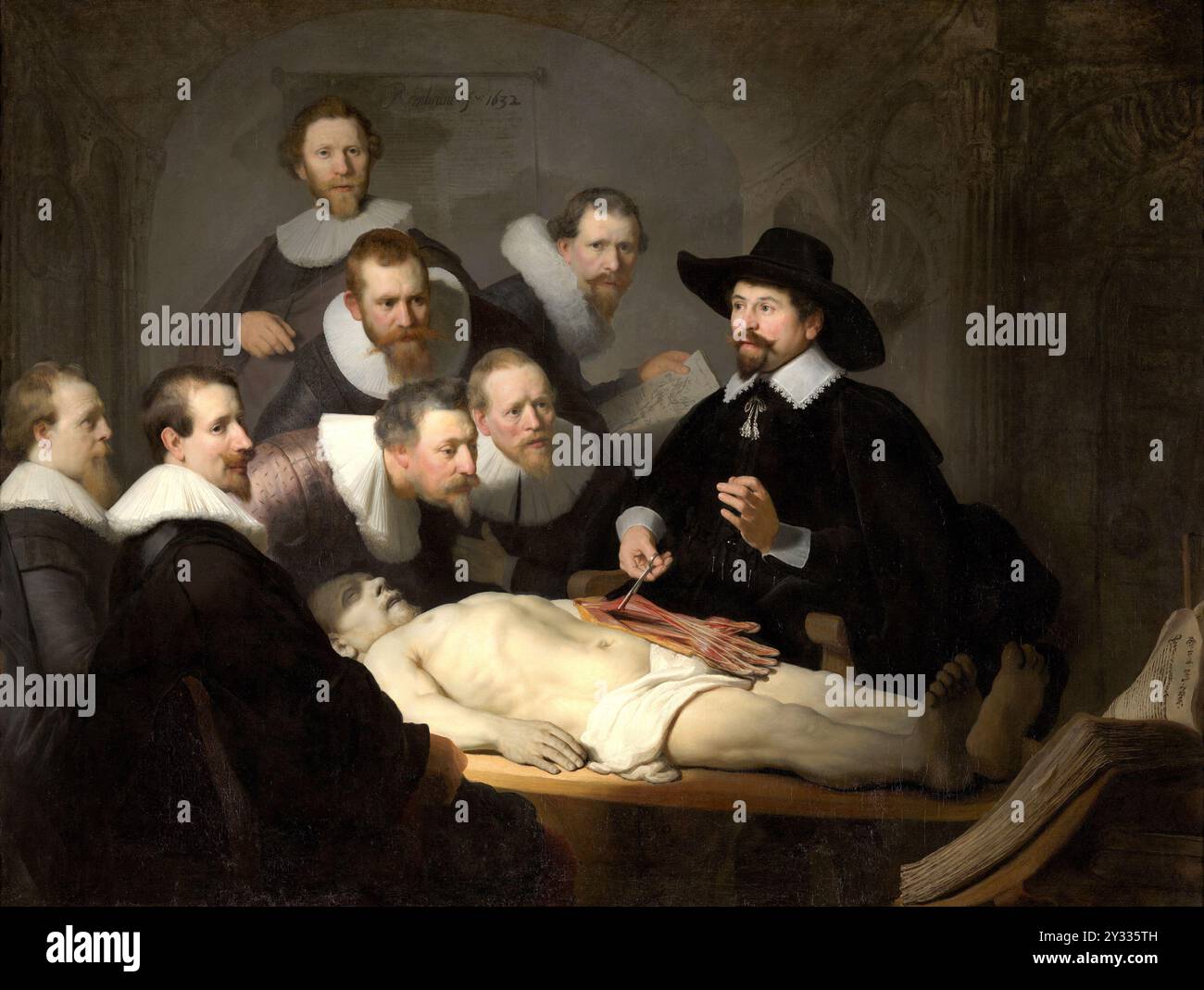 La lezione di anatomia del dottor Nicolaes Tulp, anche Nicolaas Tulp, Tulpius e Nicolaes Petreius (9 ottobre 1593 - 12 settembre 1674), chirurgo e anatomista olandese nonché uno dei più famosi medici del XVII secolo e sindaco di Amsterdam, dipinto di Rembrandt, riproduzione storica, restaurata digitalmente da un originale dell'epoca. Foto Stock