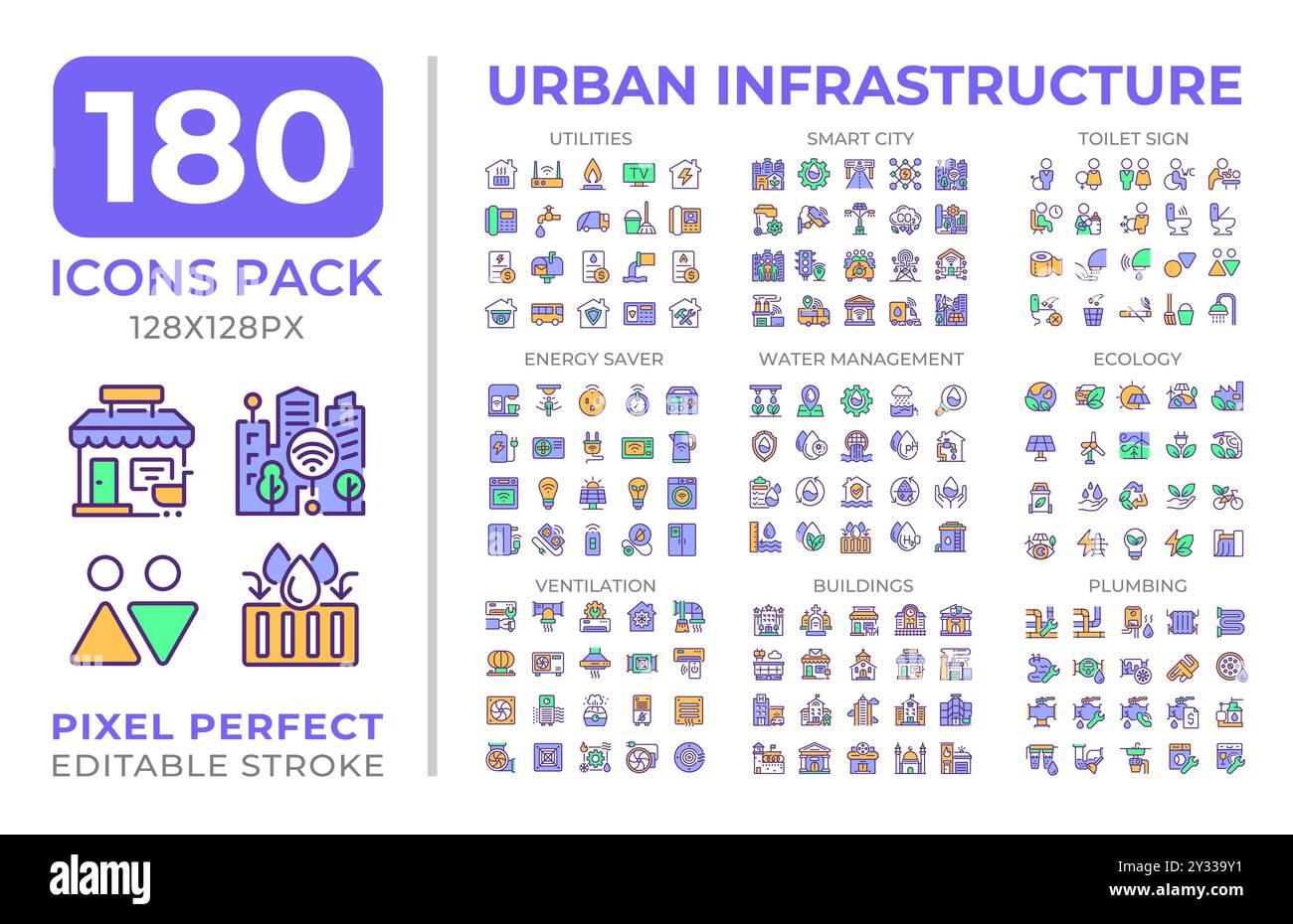 Collezione di icone colorate per le infrastrutture urbane Illustrazione Vettoriale