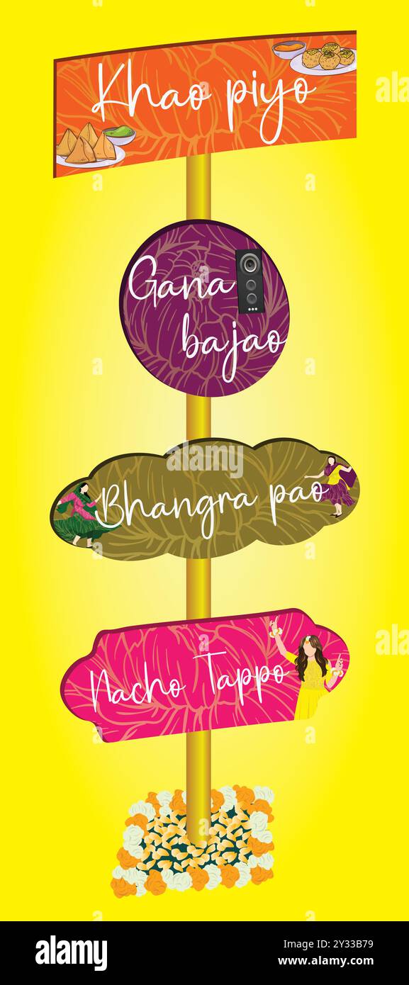 Elementi decorativi tradizionali per matrimoni. Elemento decorativo colorato. Modello di tessera d'invito per matrimoni indiani per Haldi, Mehndi, Sangeet, dholki, mayo Illustrazione Vettoriale