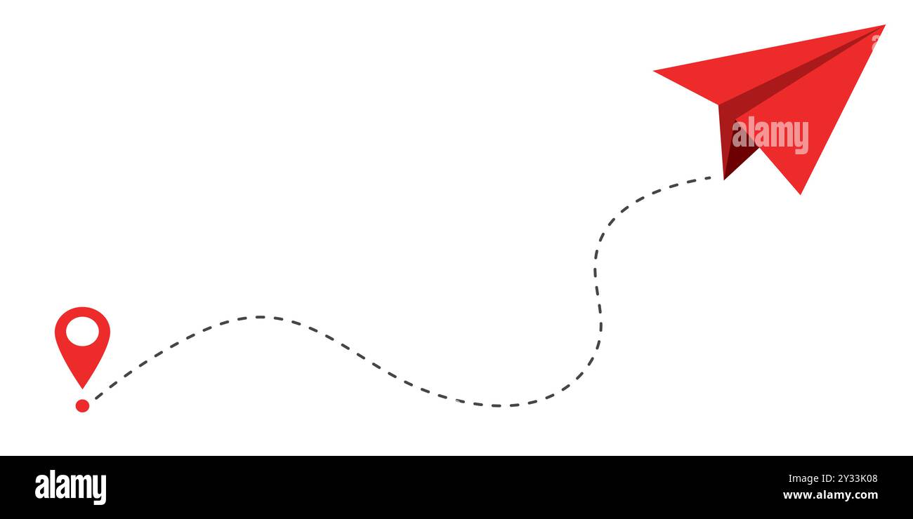 Linea tratteggiata rossa del piano di carta per disegnare uno stile di schizzo. Percorso, seguire l'idea. Elemento di design per viaggi di lavoro. Aereo di carta. Illustrazione vettoriale Illustrazione Vettoriale