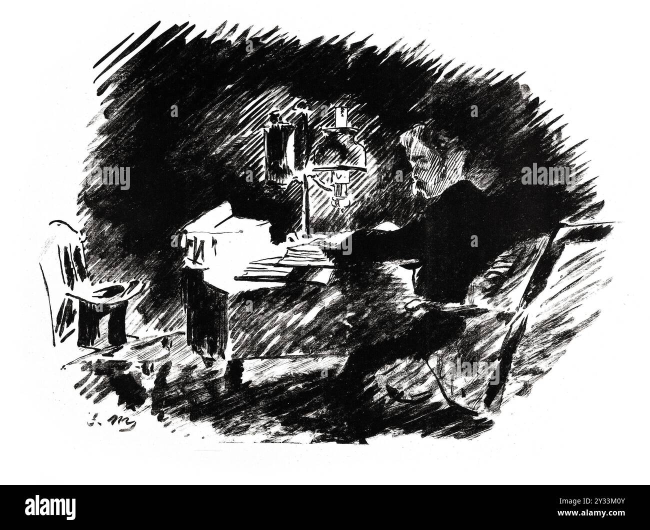 C'era una volta il terrore di mezzanotte. Illustrazione al corvo di Edgar Allan PoE - stampa, Edouard Manet 1875 versione in bianco e nero Foto Stock