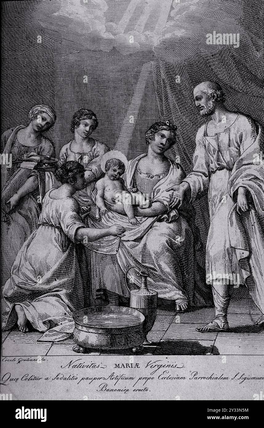 Nasce la Vergine Maria, circondata da Anna, Gioacchino, e assistenti in un'incisione dettagliata del XVIII secolo. Incisione su E. Grazini il giovane. Grazini, Ercole, il giovane, 1688-1765. Foto Stock