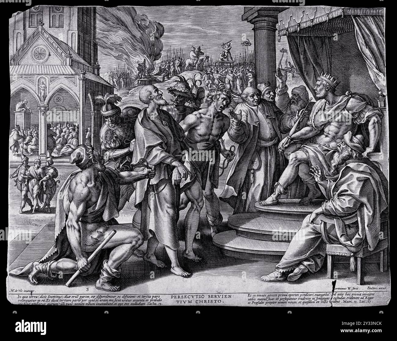 Raffigurazione della persecuzione dei cristiani con scene di martirio di Maarten de Vos e J. Wierix del XVI secolo Foto Stock