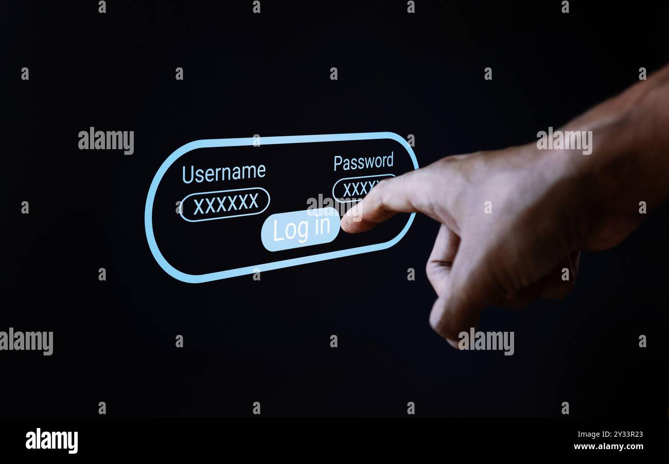 Una mano che interagisce con un'interfaccia olografica di accesso. Concetto di sicurezza informatica, accesso digitale e interfacce utente avanzate. Foto Stock