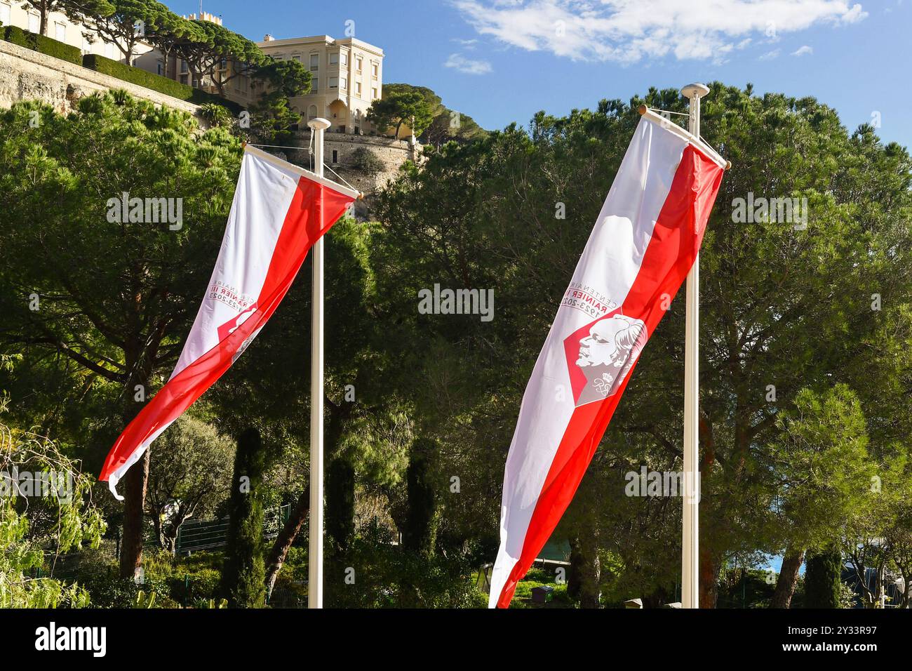 Bandiere che celebrano il centenario della nascita del Principe Ranieri III (1923-2005), con il Palazzo del Principe sulla roccia sullo sfondo, Monaco Foto Stock