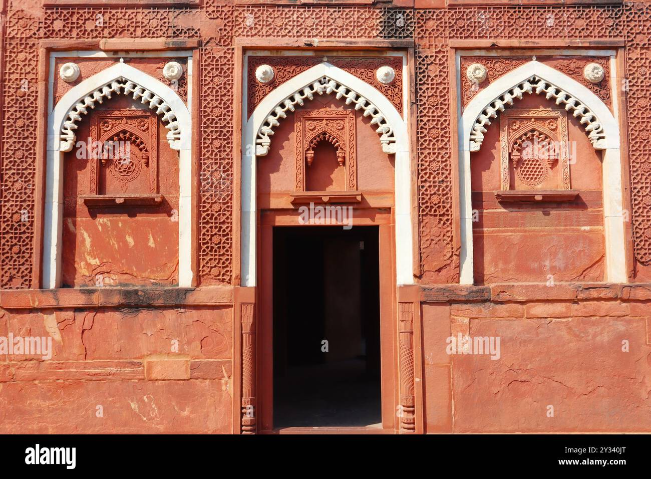 Sculture e architettura squisite ad Agra per: Mescolare marmi bianchi di Makrana e arenaria rossa senza soluzione di continuità, narrando storie di grandezza e maestria Foto Stock