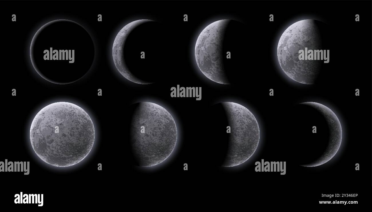 La luna a mezzaluna si sviluppa nel cielo notturno. Il realistico fotogramma in sequenza vettoriale 3d mostra le varie forme del satellite lunare, dall'eclissi, al declino e alla ceretta, fino alla luna piena. Ciclo astronomico lunare celeste naturale Illustrazione Vettoriale