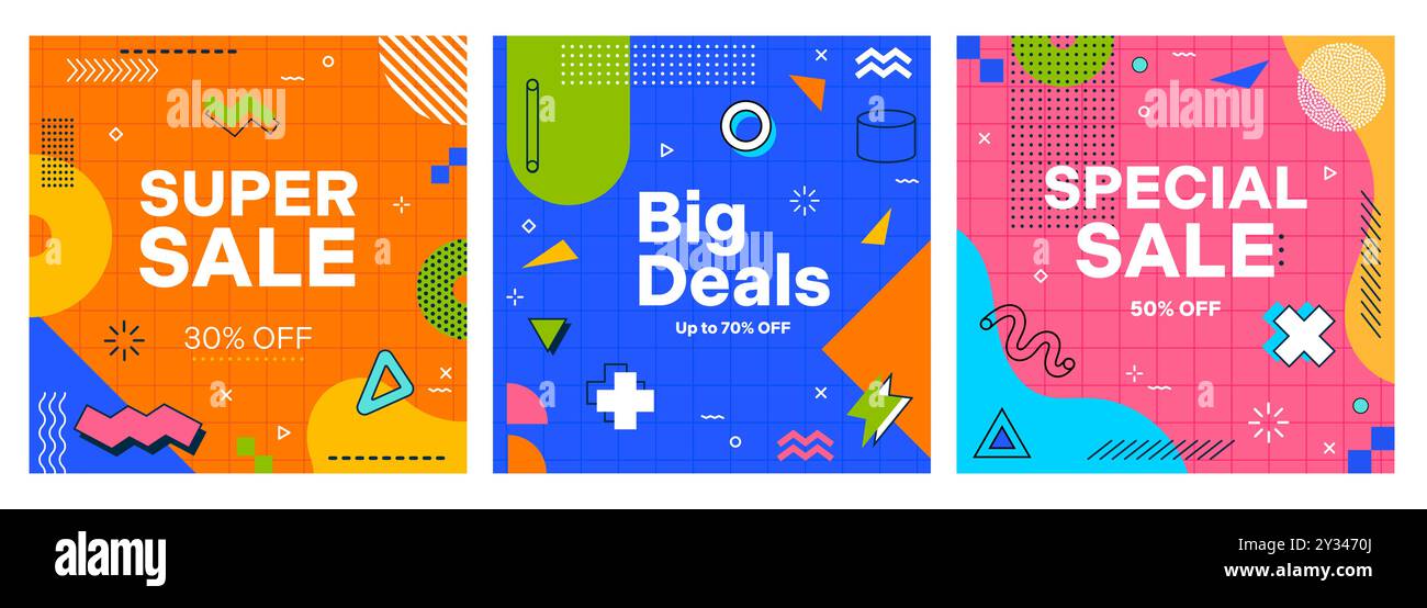 Striscioni Memphis in Super sale con motivo geometrico astratto, poster promozionali vettoriali. Banner di vendita per promozioni scontate e offerte speciali per negozi o negozi con 30, 50 e 70% di sconto Illustrazione Vettoriale