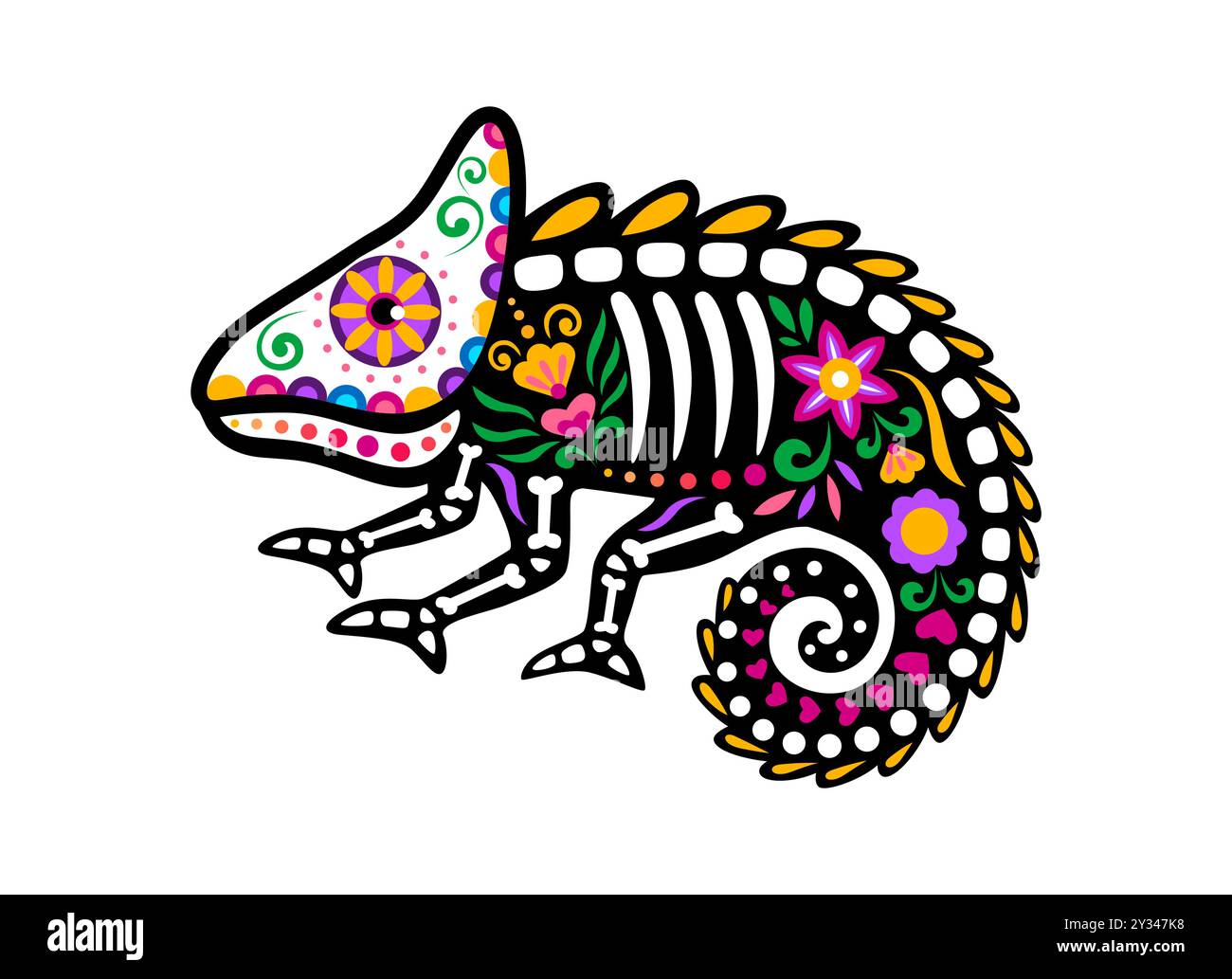 Il giorno della morte messicano camaleonte scheletro tatuaggio di animale. Teschio di zucchero rettile isolato del vettore Halloween. Lucertola tropicale Muertos con ossa scheletriche e motivo floreale in stile folk alebrije Illustrazione Vettoriale