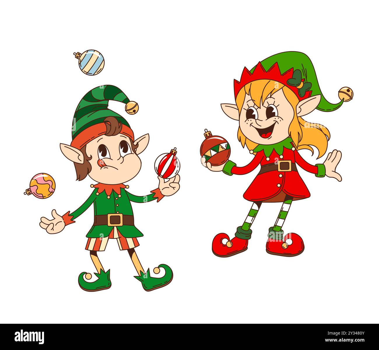Personaggi di elfo natalizio retrò per le vacanze invernali, gnomi divertenti vettoriali di cartoni animati. Elfi con volti stravaganti e sorrisi giocherellando con decorazioni natalizie per le vacanze di Capodanno Illustrazione Vettoriale