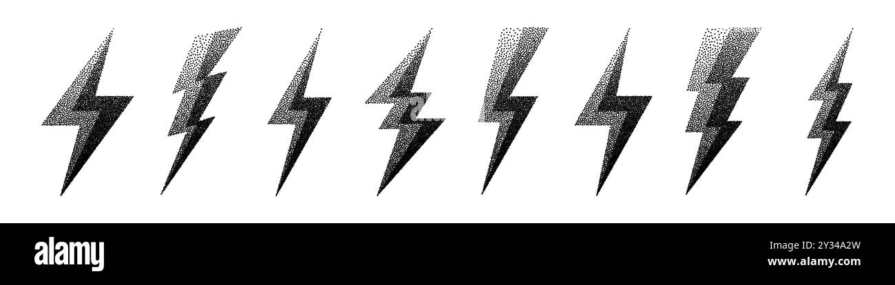 Collezione di icone Lightning bolt. Simbolo flash tratteggiato, thunderbolt. Semplice segno di fulmine. Ombreggiatura a punti, disegno. Illustrazione vettoriale Illustrazione Vettoriale